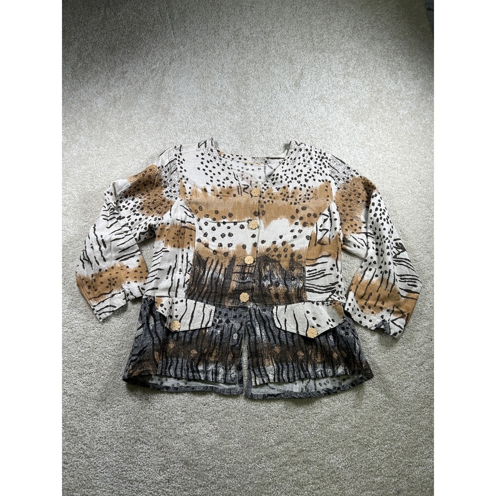 Terracotta Jacket Womens Medium Beige Brown Black Abstract Print Linen Button Up